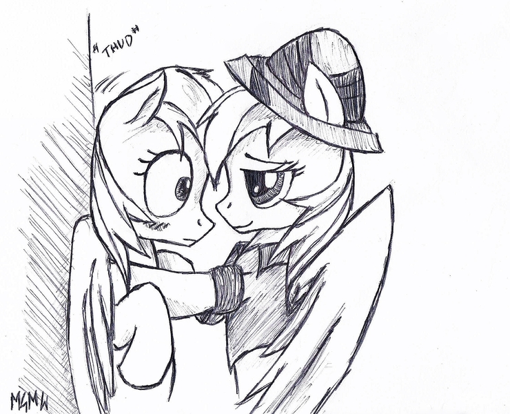 Size: 2061x1671 | Tagged: against wall, artist:navigatoralligator, bedroom eyes, bipedal leaning, blushing, daringdash, daring do, derpibooru import, eye contact, female, grayscale, kabedon, lesbian, monochrome, rainbow dash, safe, shipping, smiling, spread wings, wide eyes