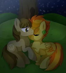 Size: 1143x1266 | Tagged: safe, artist:mintystitch, derpibooru import, spitfire, oc, oc:chocolate chips, earth pony, pegasus, pony, canon x oc, clover, eyes closed, female, firechips, four leaf clover, freckles, hug, love, male, mare, night, shipping, stallion, stars, straight, tree