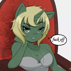 Size: 1000x1000 | Tagged: suggestive, artist:twintails, derpibooru import, oc, oc:spinach, unofficial characters only, anthro, unicorn, anthro oc, boob freckles, breasts, cleavage, female, freckles, solo, vulgar