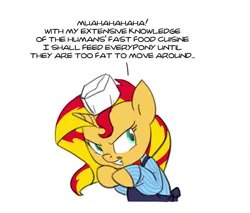 Size: 555x472 | Tagged: safe, artist:carnifex, derpibooru import, sunset shimmer, pony, fast food, pure unfiltered evil, scheming, solo