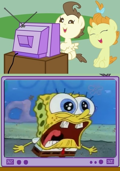 Size: 562x800 | Tagged: safe, derpibooru import, pound cake, pumpkin cake, exploitable meme, image, jpeg, meme, obligatory pony, spongebob squarepants, spongebob squarepants (character), tv meme