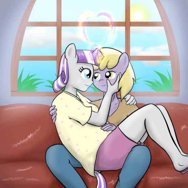 Size: 3000x3000 | Tagged: adultery, anthro, artist:empyu, couch, crack shipping, cuddling, dinky hooves, dinkyvelvet, explicit source, female, infidelity, lesbian, magic, older, pregnant, safe, shipping, snuggling, twilight velvet