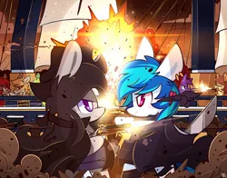 Size: 1280x1003 | Tagged: semi-grimdark, artist:lifeloser, derpibooru import, octavia melody, vinyl scratch, oc, pony, bipedal, blood, death, explosion, fight, gun, impossibly large ears, mexican standoff, musket, pirate, ship