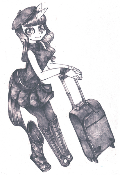 Size: 550x800 | Tagged: anthro, artist:yachimata, beatnik rarity, beret, clothes, derpibooru import, hat, luggage, rarity, safe, solo, traditional art