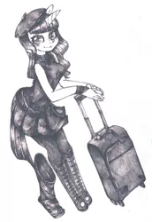 Size: 550x800 | Tagged: anthro, artist:yachimata, beatnik rarity, beret, clothes, derpibooru import, hat, luggage, rarity, safe, solo, traditional art