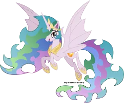 Size: 3740x3121 | Tagged: safe, artist:vector-brony, derpibooru import, princess celestia, alicorn, bat pony, bat pony alicorn, pony, vampony, bat ponified, ethereal mane, fangs, female, flying, hoof shoes, inkscape, lidded eyes, looking at you, mare, open mouth, peytral, pinklestia, race swap, simple background, smiling, solo, spread wings, sunbat, transparent background, vector, wings