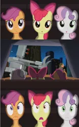 Size: 498x800 | Tagged: safe, derpibooru import, apple bloom, scootaloo, sweetie belle, earth pony, pegasus, pony, unicorn, cutie mark crusaders, exploitable meme, female, filly, krab borg, meme, night of the robot, spongebob squarepants