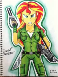 Size: 720x960 | Tagged: safe, artist:emichaca, derpibooru import, sunset shimmer, equestria girls, gun, machete, machine gun, solo, traditional art