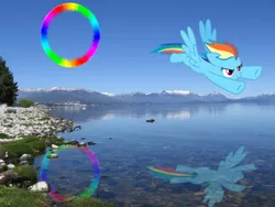 Size: 2272x1704 | Tagged: argentina, artist:dasduriel, artist:luckydonald, artist:muffinshire, derpibooru import, irl, lake, mountain, nahuel huapi lake, photo, ponies in real life, rainbow dash, safe, solo, sonic rainboom, water