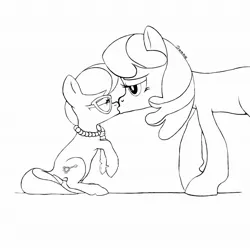 Size: 2048x2048 | Tagged: artist:tremble, black and white, cheerilee, cheerispoon, derpibooru import, glasses, grayscale, kissing, monochrome, silver spoon, simple background, suggestive, white background
