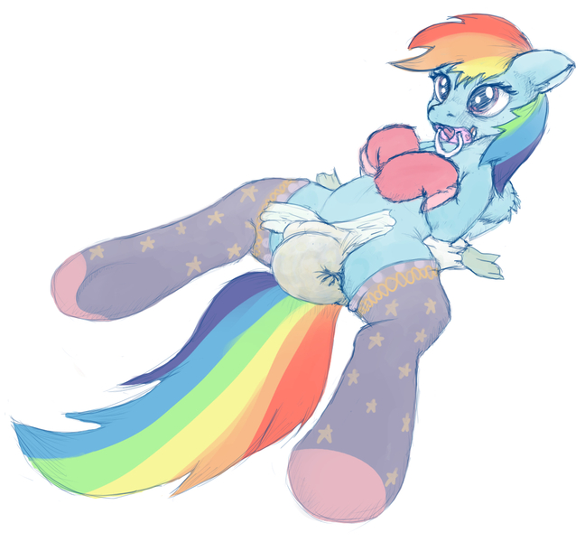 Size: 1098x1016 | Tagged: questionable, artist:asdfasfasda, derpibooru import, rainbow dash, clothes, cute, dashabetes, diaper, diaper change, diaper fetish, mittens, pacifier, socks, urine, wet diaper