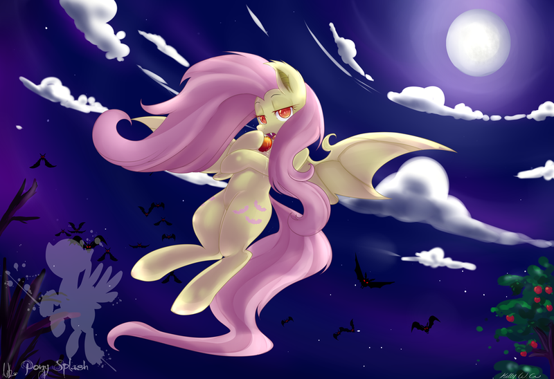 Size: 1024x701 | Tagged: safe, artist:annakitsun3, artist:missrenakitsune, derpibooru import, fluttershy, bat, bat pony, pony, vampire fruit bat, apple, bedroom eyes, flutterbat, flying, moon, night, race swap, vertigo