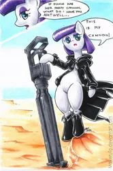 Size: 728x1096 | Tagged: safe, artist:maikeruto, derpibooru import, maud pie, pony, bipedal, black rock shooter, cannon, comic, crossover, gun, solo, traditional art