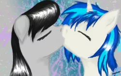 Size: 1024x644 | Tagged: safe, artist:spriterjrda, derpibooru import, octavia melody, vinyl scratch, fanfic:university days, abstract background, cheesy, female, lesbian, scratchtavia, shipping, uni days