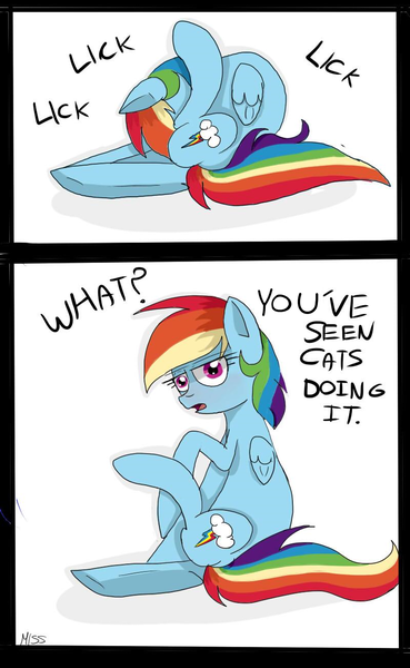 Size: 800x1300 | Tagged: artist:misspolycysticovary, autocunnilingus, behaving like a cat, comic, edit, female, flexible, looking at you, question, questionable, rainbow cat, rainbow dash, raised leg, solo, solo female, talking to viewer, text edit