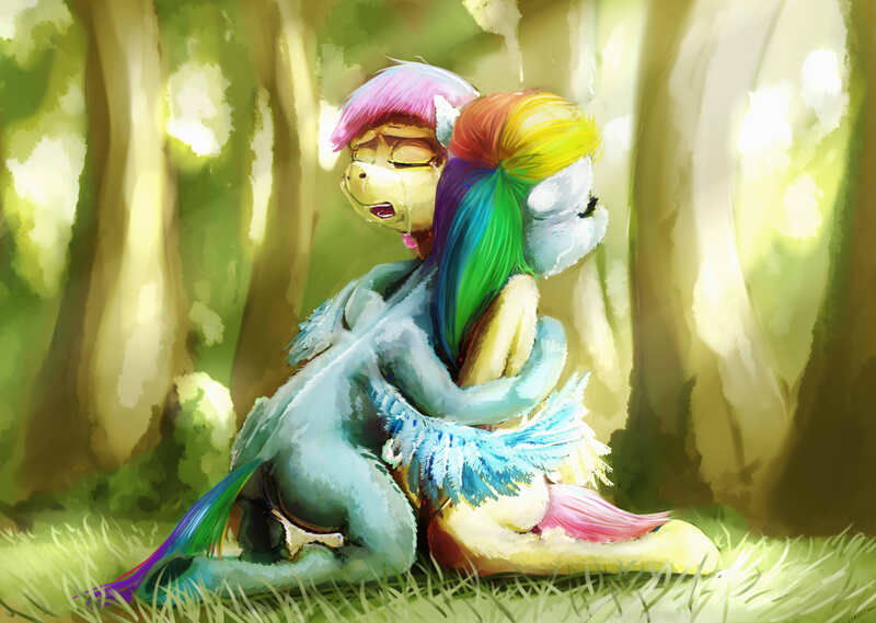 Size: 2969x2113 | Tagged: safe, artist:sharpieboss, derpibooru import, fluttershy, rainbow dash, anatomically incorrect, comforting, crying, female, flutterdash, hug, incorrect leg anatomy, lesbian, shipping, transgender