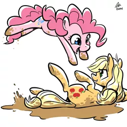 Size: 1200x1200 | Tagged: applejack, applepie, artist:rwl, derpibooru import, female, fun, heart eyes, lesbian, mud, pinkie pie, safe, shipping, starry eyes, wingding eyes