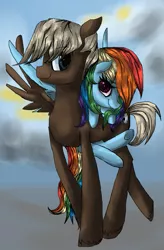 Size: 577x877 | Tagged: safe, artist:rumbletree6, derpibooru import, dumbbell, rainbow dash, dumbdash, female, hug, male, shipping, smiling, spread wings, straight