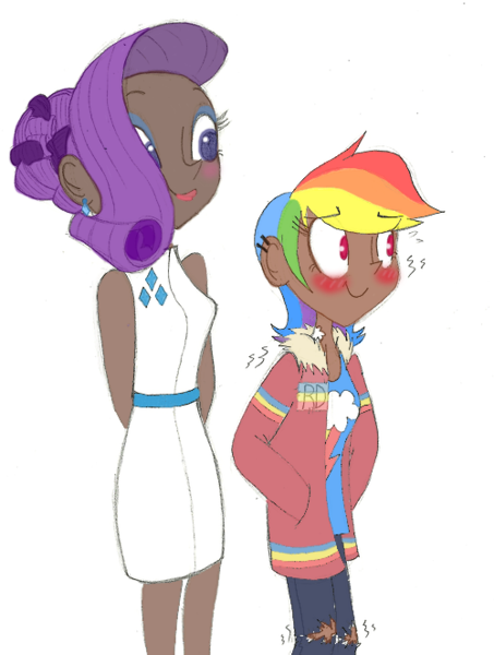 Size: 500x662 | Tagged: artist:fedorabow, dark skin, derpibooru import, female, human, humanized, lesbian, rainbow dash, raridash, rarity, safe, shipping