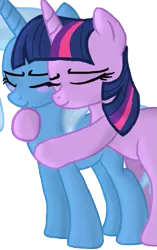 Size: 489x777 | Tagged: safe, artist:spottytlion, derpibooru import, trixie, twilight sparkle, blank flank, blushing, female, hug, lesbian, shipping, smiling, twixie