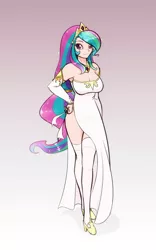 Size: 799x1280 | Tagged: artist:scorpdk, breasts, busty princess celestia, cleavage, clothes, derpibooru import, female, human, humanized, looking at you, princess celestia, smiling, solo, solo female, stockings, suggestive, thigh highs