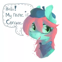 Size: 598x593 | Tagged: dead source, safe, artist:berrydrops, derpibooru import, oc, oc:congee, unofficial characters only, earth pony, pony, bandana, beret, bust, clothes, female, hat, mare, portrait, scarf, solo, speech bubble