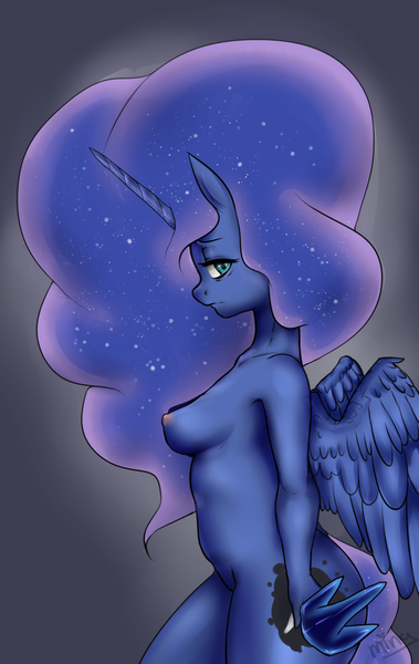 Size: 824x1304 | Tagged: questionable, artist:ming3, derpibooru import, princess luna, anthro, afro, breasts, busty princess luna, female, nipples, nudity, sideboob, solo, solo female