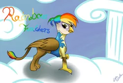 Size: 1280x867 | Tagged: safe, artist:lupo-lycanth, derpibooru import, oc, oc:rainbow feather, unofficial characters only, gryphon, hybrid, clothes, cloud, cloudsdale, interspecies offspring, magical lesbian spawn, offspring, parent:gilda, parent:rainbow dash, parents:gildash, shirt, solo, wonderbolts, wonderbolt trainee uniform
