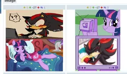 Size: 514x300 | Tagged: crossing the memes, derpibooru, derpibooru import, exploitable meme, juxtaposition, juxtaposition win, meme, meta, obligatory pony, safe, shadow the hedgehog, shadtwi, sonic the hedgehog (series), tv meme, twiface, twilight sparkle