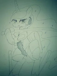 Size: 432x576 | Tagged: armor, artist:yajima, derpibooru import, grayscale, monochrome, princess celestia, safe, solo, sword, weapon