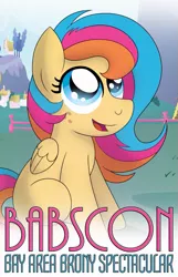 Size: 483x749 | Tagged: safe, artist:drawponies, derpibooru import, oc, oc:golden gates, unofficial characters only, pegasus, pony, babscon, babscon mascots, cute, filly, looking up, open mouth, poster, sitting, smiling, solo