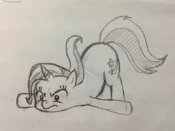 Size: 1024x768 | Tagged: dead source, safe, artist:tebasaki, derpibooru import, trixie, pony, unicorn, annoyed, face down ass up, female, frown, grayscale, mare, monochrome, simple background, solo, traditional art, tripsie, unamused, white background