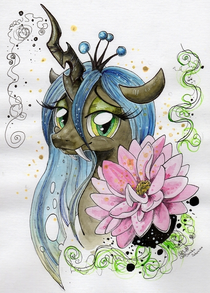 Size: 891x1243 | Tagged: safe, artist:donika-schovina, derpibooru import, queen chrysalis, changeling, changeling queen, fangs, female, flower, looking at you, portrait, smiling, solo, traditional art