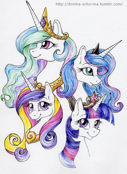 Size: 656x900 | Tagged: safe, artist:donika-schovina, derpibooru import, princess cadance, princess celestia, princess luna, twilight sparkle, twilight sparkle (alicorn), alicorn, pony, alicorn tetrarchy, female, mare, traditional art