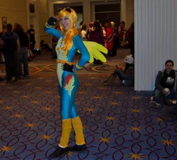 Size: 2178x1965 | Tagged: 2012, artist:spaniel122, bodysuit, clothes, convention, cosplay, derpibooru import, fingerless gloves, gloves, goggles, human, irl, irl human, katsucon, photo, safe, solo, spitfire, wonderbolts uniform