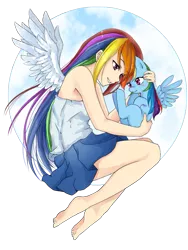 Size: 675x900 | Tagged: safe, artist:d-tomoyo, derpibooru import, rainbow dash, human, pegasus, pony, barefoot, blushing, clothes, cloud, cute, dashabetes, feet, female, flying, grin, holding a pony, hug, human ponidox, humanized, lidded eyes, mare, miniskirt, missing cutie mark, side, simple background, skirt, smiling, spread wings, tanktop, transparent background, winged humanization, wings