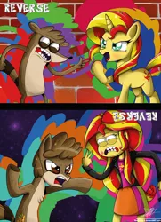 Size: 760x1051 | Tagged: safe, artist:the-butch-x, derpibooru import, sunset shimmer, ponified, pony, unicorn, crossover, regular show, rigby, role reversal, species swap, style emulation