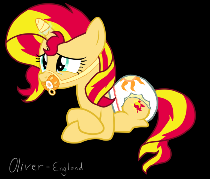 Size: 758x645 | Tagged: dead source, questionable, artist:oliver-england, derpibooru import, sunset shimmer, pony, unicorn, bondage, crying, cutie mark diapers, diaper, diaper bondage, diaper fetish, female, horn cap, magic suppression, pacifier, pacifier gag, poofy diaper, solo, solo female