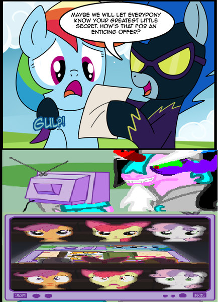 Size: 574x794 | Tagged: accepted meme that never ends, apple bloom, apple closet, carrot top, clothes, costume, exploitable meme, golden harvest, meme, memeception, newspaper headline, obligatory pony, rainbow dash, safe, scootaloo, shadowbolts, shadowbolts costume, sweetie belle, theater meme, the meme that never ends, tiara ultima, tv meme