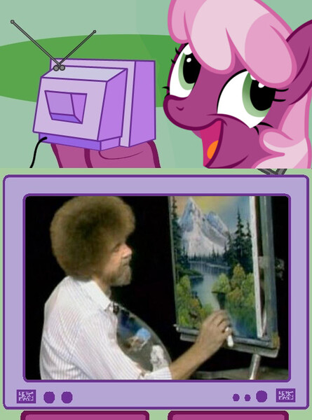 Size: 564x760 | Tagged: artist:moongazeponies, bob ross, cheerilee, derpibooru import, exploitable meme, happy little trees, joy of painting, meme, obligatory pony, safe, smiling, tv meme