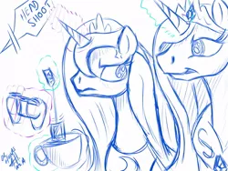 Size: 1032x774 | Tagged: artist:doctorhooves, doodle, gamer luna, monochrome, princess celestia, princess luna, pun, safe, tea, teabag, teabagging, teacup, trollestia, visual pun