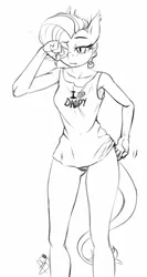 Size: 500x937 | Tagged: anthro, anthro oc, artist:pia-sama, breasts, butt scratch, clothes, derpibooru import, dracony, female, hybrid, interspecies offspring, monochrome, oc, oc:lavender, offspring, panties, parent:rarity, parent:spike, parents:sparity, solo, solo female, suggestive, underwear, unofficial characters only