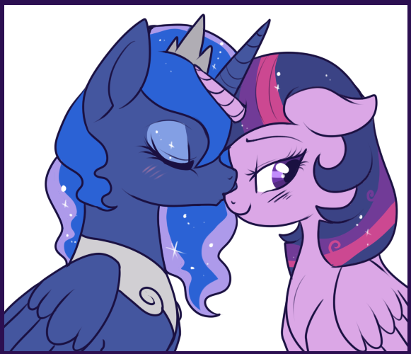 Size: 581x500 | Tagged: safe, artist:lulubell, derpibooru import, princess luna, twilight sparkle, twilight sparkle (alicorn), alicorn, pony, blushing, cute, eyes closed, female, floppy ears, frame, lesbian, looking away, mare, nose kiss, shipping, simple background, smiling, twiluna, white background