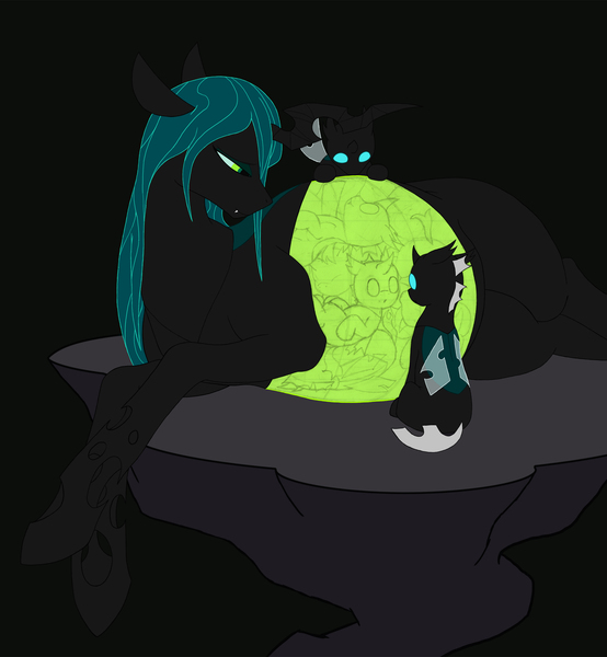 Size: 2158x2337 | Tagged: safe, artist:0particle, derpibooru import, queen chrysalis, changeling, changeling queen, nymph, adoracreepy, belly, black background, creepy, cute, cutealis, cuteling, female, fetus, image, jpeg, looking back, mommy chrissy, pregnant, quadrupedal, queen pregalis, side, simple background, sitting, smiling, translucent belly, transparent belly, transparent flesh, weapons-grade cute, wip, womb with a view