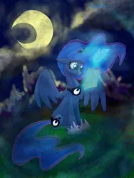 Size: 1536x2048 | Tagged: safe, artist:veliska, derpibooru import, princess luna, alicorn, pony, magic, moon, night, sitting, solo