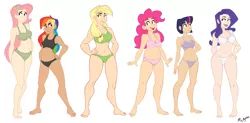 Size: 1519x748 | Tagged: applejack, artist:ric-m, barefoot, belly button, bra, breasts, clothes, crop top bra, derpibooru import, feet, female, fluttershy, frilly underwear, frown, grin, human, humanized, line-up, mane six, midriff, open mouth, panties, pinkie pie, plump, rainbow dash, rarity, ribbon, safe, simple background, smiling, standing, twilight sparkle, underwear, white background