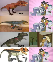 Size: 1556x1834 | Tagged: cloudy quartz, derpibooru import, dinosaur, exploitable meme, gradual disgust, igneous rock pie, irl, jurassic park, limestone pie, marble pie, meme, photo, pie family, pie sisters, quartzrock, safe, siblings, sisters, toy, tyrannosaurus rex