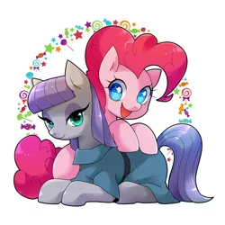 Size: 1000x1000 | Tagged: safe, artist:zakro, derpibooru import, maud pie, pinkie pie, pony, candy, clothes, cute, duo, female, food, heart eyes, mare, open mouth, pixiv, sisters, smiling