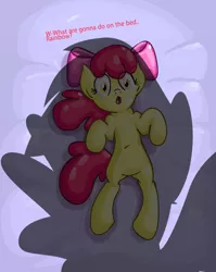 Size: 780x980 | Tagged: apple bloom, artist:scrimpeh, edit, filly, first person view, imminent rape, implied foalcon, :o, offscreen character, on back, open mouth, pomf, pov, rainbow dash, scared, shadow, spread legs, suggestive, what are we gonna do on the bed?, wide eyes, wingboner