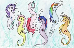 Size: 2405x1552 | Tagged: applejack, artist:shroe-desu, derpibooru import, fluttershy, mane six, pinkie pie, race swap, rainbow dash, rarity, safe, seaponified, sea pony, seapony applejack, seapony fluttershy, seapony pinkie pie, seapony rainbow dash, seapony rarity, seapony twilight, species swap, traditional art, twilight sparkle, underwater